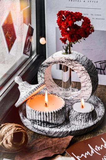 Ersustore 5 Parça Mermer Desen Dekoratif Beton Vazo Ve Vanilya Kokulu Soya Wax Mumluk Takımı