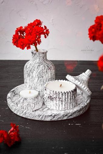 Ersustore 5 Parça Mermer Desen Dekoratif Beton Vazo Ve Vanilya Kokulu Soya Wax Mumluk Takımı