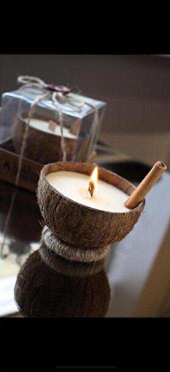 Ersustore Büyük Boy Altlıklı Özel Tasarım Gerçek Hindistan Cevizi Kabuğunda Soya Wax Mum İle Gerçek Tarçın
