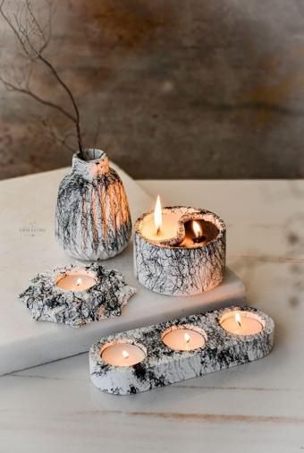 Ersustore Mermer Desenli Tealigh Mum Vaza Yinyang Soya Wax Hediyelik Dekoratif Mumluk Seti