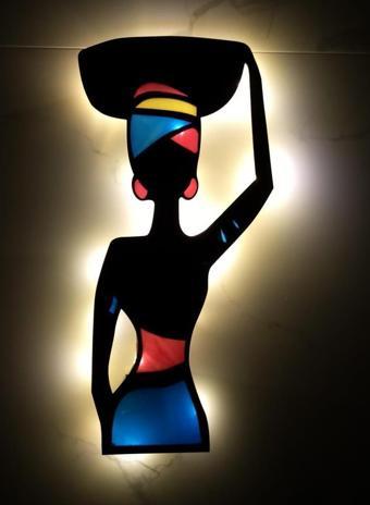 Veraart Epoksili Ahşap Sepet Taşıyan Afrikalı Kadın Figürlü Tablo Duvar Dekorlu Gece Lambası 70 cm