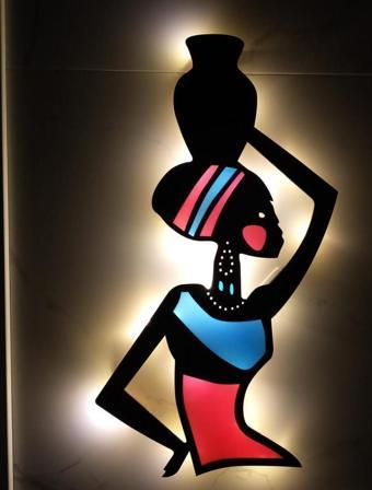 Veraart Epoksili Ahşap Testili Afrikalı Kadın Figürlü Tablo Duvar Dekorlu Gece Lambası 50 cm