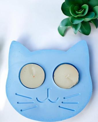 Mavi Kedi Şekilli Beton Mumluk - El Yapımı Dekoratif Çay Işığı tealight Mumluk - Minimalist Kedi Temalı Ev Dekoru- Aromaterapi