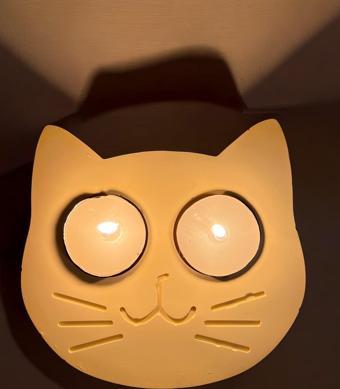 Sarı Kedi Şekilli Beton Mumluk - El Yapımı Dekoratif Çay Işığı tealight Mumluk - Minimalist Kedi Temalı Ev Dekoru- Aromaterapi