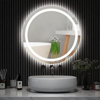 Nuun Dekor 60Cm Beyaz Ledli Ayna, Kumlamalı Yuvarlak Banyo Aynası Dekoratif Duvar Aynası Prizli.