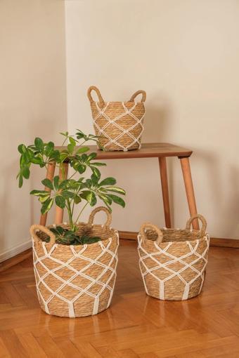 Karia - 3 lü Dekoratif Doğal El Örmesi Kulplu Hasır Saksı Sepet Seti 31 cm / 27cm / 23 cm