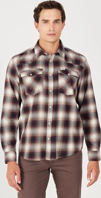 Wrangler Loose Fit Rahat Kesim Pamuklu Bej Bordo Ekoseli Erkek Gömlek - W556B3
