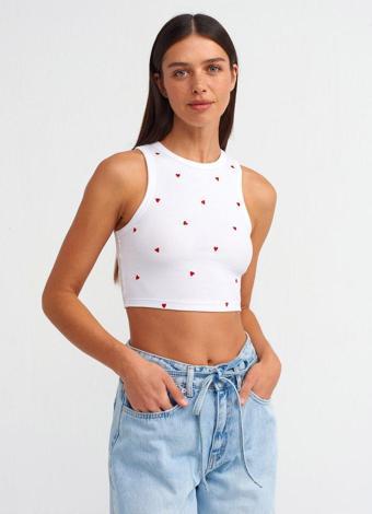 Dilvin Kadın Kalp Nakışlı Crop Top Beyaz Günlük Atlet- 20819