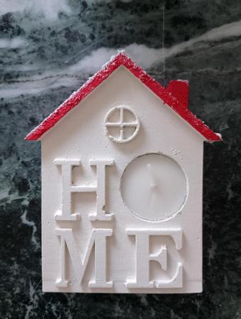 %100 Beton - Kar Görünümlü - Yatay Ev Tealight Mumluk (Home Yazılı)