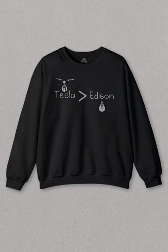 Unisex Siyah Sweatshirt Ac Dc Nikola Tesla Edison Doğru Akım Baskılı Sweat