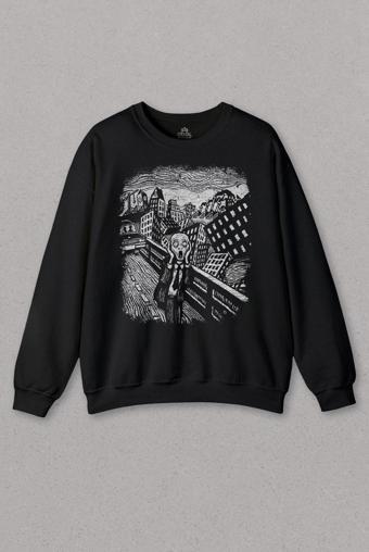 Unisex Sweatshirt Scream Edward Munch Tablo Korku Ressam Siyah Baskılı Sweat