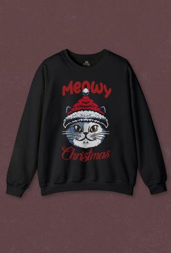 Unisex Sweatshirt Kedi Cat Meow Christmas 2024 Noel New Year Yılbaşı Baskılı Sweat