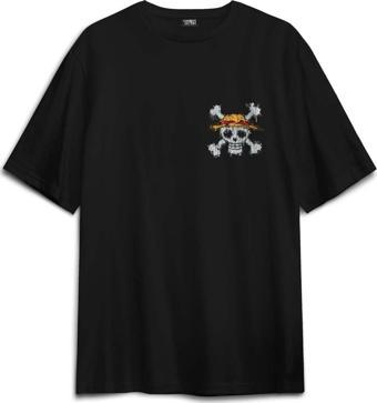 Siyah Oversize Tişört Şapkalı One Piece Anime Sırt Ön Baskılı Relax Fit T-shirt