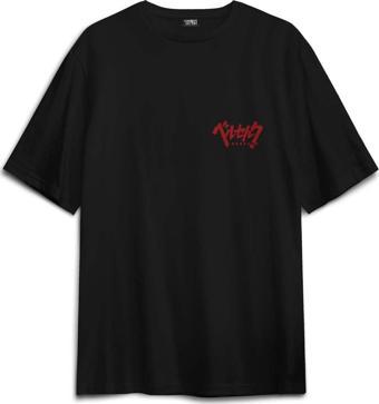 Unisex Pamuk Siyah Berserk Manga Anime Guts Kılıç Ön Sırt Baskılı Oversize Tişört
