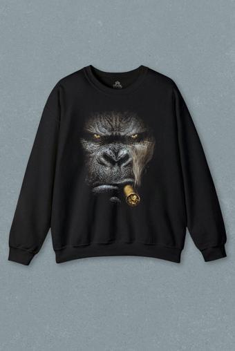 Puro İçen Şempanze Monkey Goril Maymun Baskılı Sweatshirt