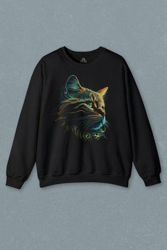 Bıyıklı Kedi Minimal Çizim 3D Efektli Realist Siyah Baskılı Sweatshirt