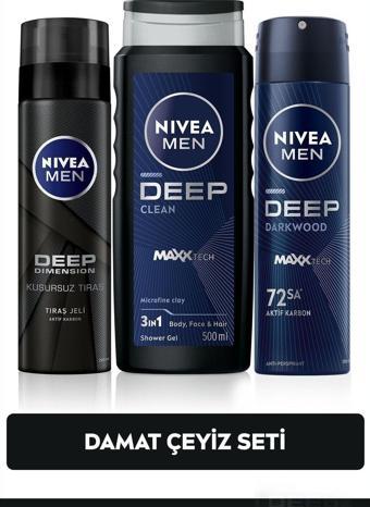 MEN Erkek Damat Çeyiz Seti, Sprey Deodorant 150ml, Deep Dimension Tıraş Jeli 200ml, Duş Jeli 500ml