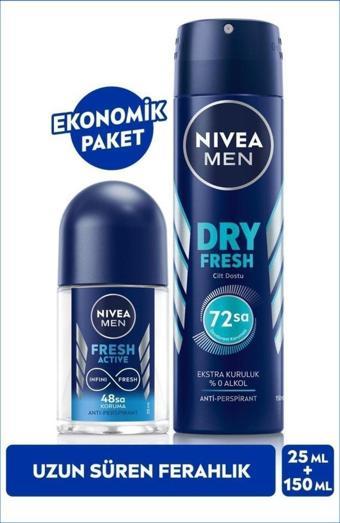 MEN Erkek Sprey Deodorant Dry Fresh 150ml ve Mini Roll-on Fresh Active 25ml Set, Ter Karşıtı Koruma