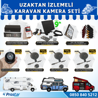 Uzaktan İzlemeli Karavan Kamera Seti 4 Kameralı 500 Gb Harddisk Dahil Kayıtlı 9 Inç Hdmi Ekranlı
