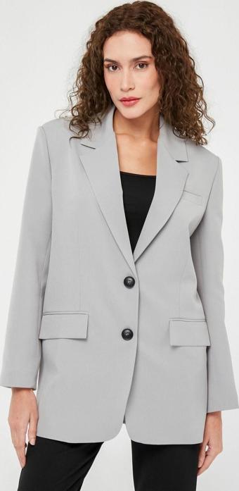 Gri Kadın Düğmeli Oversize Blazer Ceket