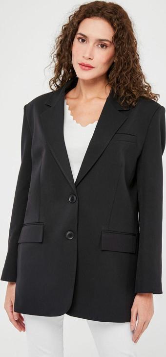 Siyah Kadın Düğmeli Oversize Blazer Ceket