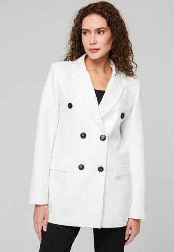 Ekru Regular Kruvaze Kapama Oversize Düğmeli Ceket