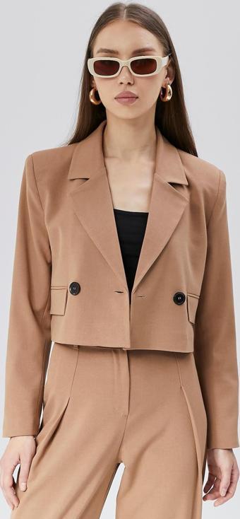 Kadın Crop Astarlı Dokuma Blazer Ceket