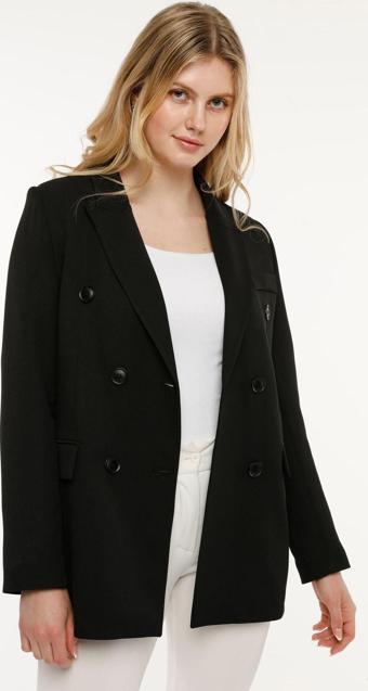 Siyah Regular Kruvaze Kapama Oversize Düğmeli Ceket