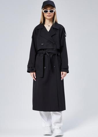 Oversize Kruvaze Kapama Rüzgarlık Detaylı Trençkot