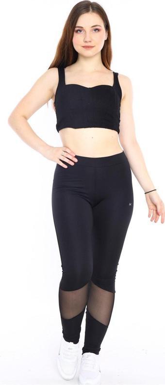 Escetic Lacivert Kadın Polyester Normal Bel Diz Altı Transparan Detay Spor Tayt 0351