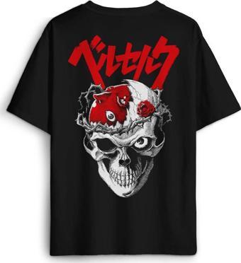 Berserk Anime Kuru Kafa Skull Kılıç Ve Büyü Guts Baskılı Oversize T-shirt Siyah Unisex Tişört