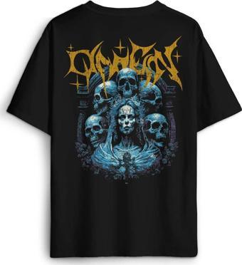 Siyah Oversize Tişört Omen Gotik Skull Gothic Corpse Bride Sırt Ön Baskılı Unisex T-shirt