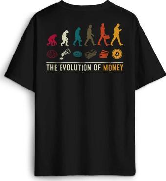 The Evolution Of Money Bitcoin Be Rich Baskılı Oversize T-shirt Siyah Unisex Tişört