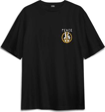 Siyah Oversize Tişört Peace Freedom Özgürlük Yazı Kısa Kollu Sırt Ön Baskılı Unisex T-shirt