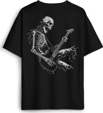 Siyah Oversize Skeleton Playing Guitar Heavy Metal Skull İskelet Gitar Baskılı Unisex T-shirt