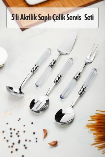 5 Parça Platin Servis Seti & Servis Sunum Seti Şeffaf ( Kepçe / Kevgir / Sıpatula / Çatal / Kaşık )