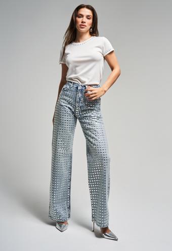 Kadın Kot Rengi T-S45-80 Damla Parlak Taşlı Straight Fit Yüksek Bel Tasarım Denim Jean