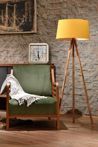 Gnc Home Concept 3 Ayaklı Ahşap Tripod Özel Tasarım Hardal Kumaş Başlıklı Lambader