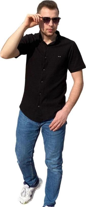 Manklas Erkek Gömlek Düğme Detaylı Premium Likralı Kısakollu Slim Fit Erkek Spor Gömlek