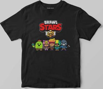 Unisex Siyah Brawl Stars Savaşçı Kahramanlar Karakter Tasarımlı Baskılı Çocuk Tişörtü