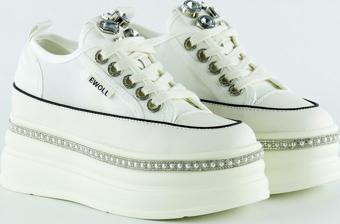 Beyaz Yüksek Taban Kristal Taşlı İnci Detaylı Bağcıklı Gelin Platform Sneaker