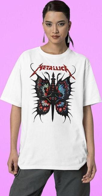 Metallica Kelebek Baskılı Unisex Tasarım Tişört, Oversize Rock Metal Müzik Grubu Tişört