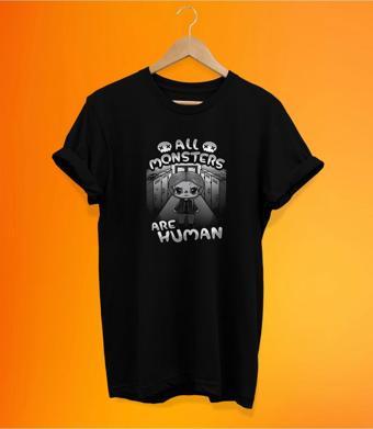 Remonz Canavarların Hepsi İnsan Baskılı Siyah, %100 Pamuk Basic (Normal Beden) T-Shirt