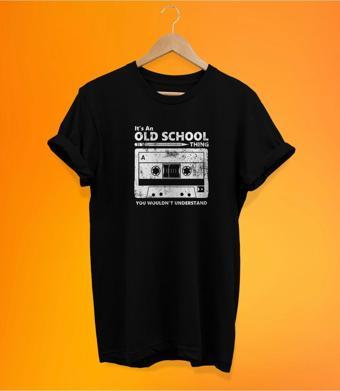 Remonz Retro Old School Baskılı Siyah, %100 Pamuk Basic (Normal Beden) T-Shirt