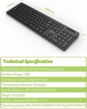 Acer OAK920 Q Usb SİYAH 1.8mt  Kablolu Klavye-Tek Tuş Hesap Makinalı (Sessiz Tuş)