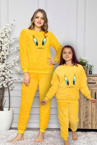 Civciv Desenli Anne Kız Çocuk Kombin Peluş Pijama Takımı (ANNE KIZ AYRI SATILIR.)