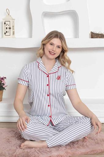 Dreamy Secret Pamuklu Biyeli Çizgili Kısa Kollu Cepli Gömlek Pijama Takımı