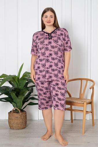 X-Dreamy Büyük Beden Viskon Çiçekli Düğmeli Yaka Kapri Pijama Takımı