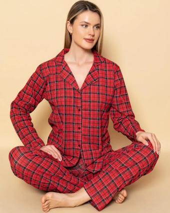 Dreamy Ekoseli Pamuklu Biyeli  Uzun Kollu Gömlek Pijama Takımı