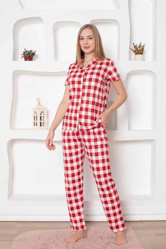 Exclusive Pamuklu Kareli Kısa Kollu Önden Düğmeli Gömlek Pijama Takımı